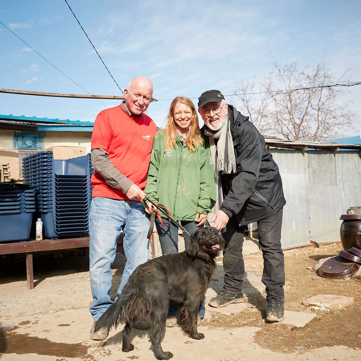 Peter Egan, Roger Mugford, Lola Webber,with a Dog resuce from Dog meat farm at South Korea, humane society international